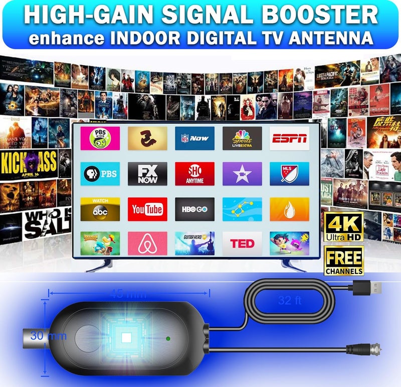 Bigefeixu TV Antenna Amplifier Signal Booster – High Gain Digital HDTV Amplifier for Indoor Outdoor Antennas, Boosts Weak Signals,USB Powered Low Noise Booster for Smart TVs (Amplifier Black-US) - Image 2